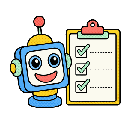 Friendly robot head beside a clipboard with checkmarks