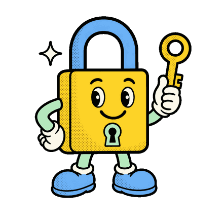 Smiling padlock character holding a golden key