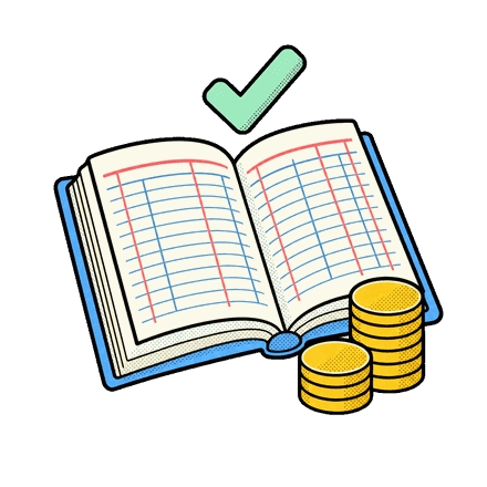 Open accounting ledger with stacked gold coins and a mint check mark