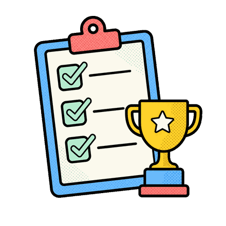 Clipboard with checkmarks next to a small gold trophy