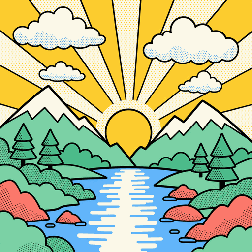 AI-generated retro poster: sunset over mountains