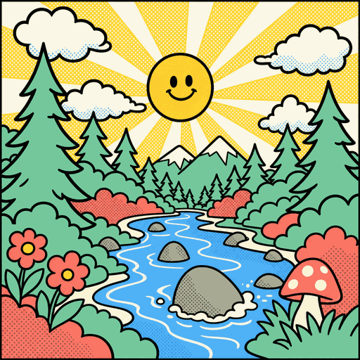 AI-generated retro poster: forest with a river
