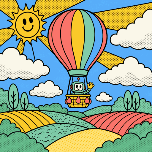 AI-generated retro poster: hot-air balloon over fields