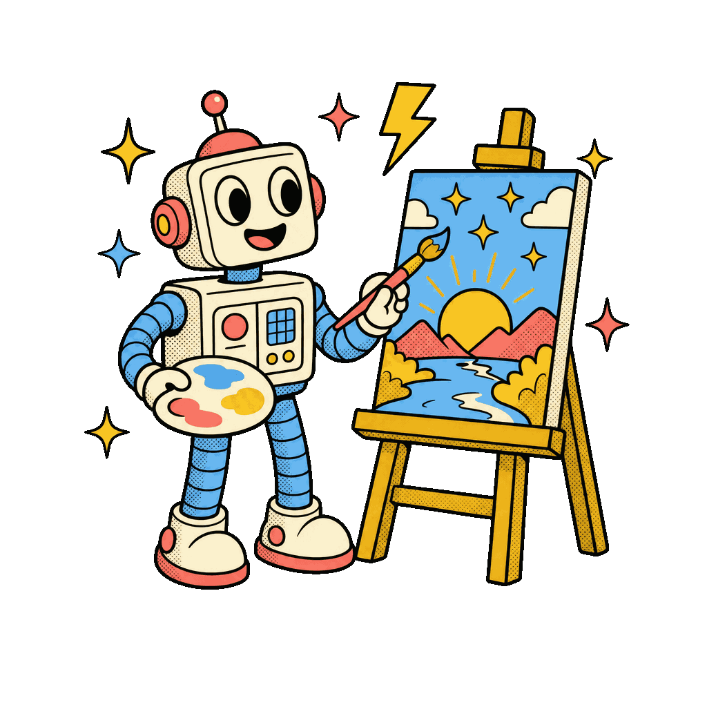 A retro cartoon robot painting a sparkling landscape at an easel