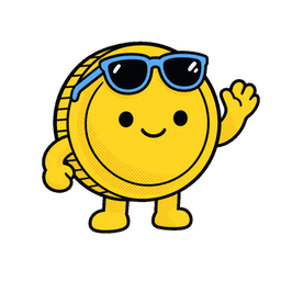 Gold coin mascot with sunglasses pushed up, waving goodbye