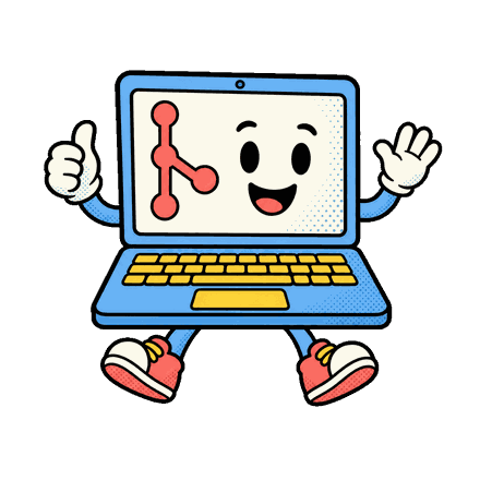 Happy laptop character with a git branch on its screen