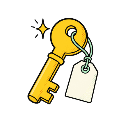 Golden key with a sparkle and a small tag